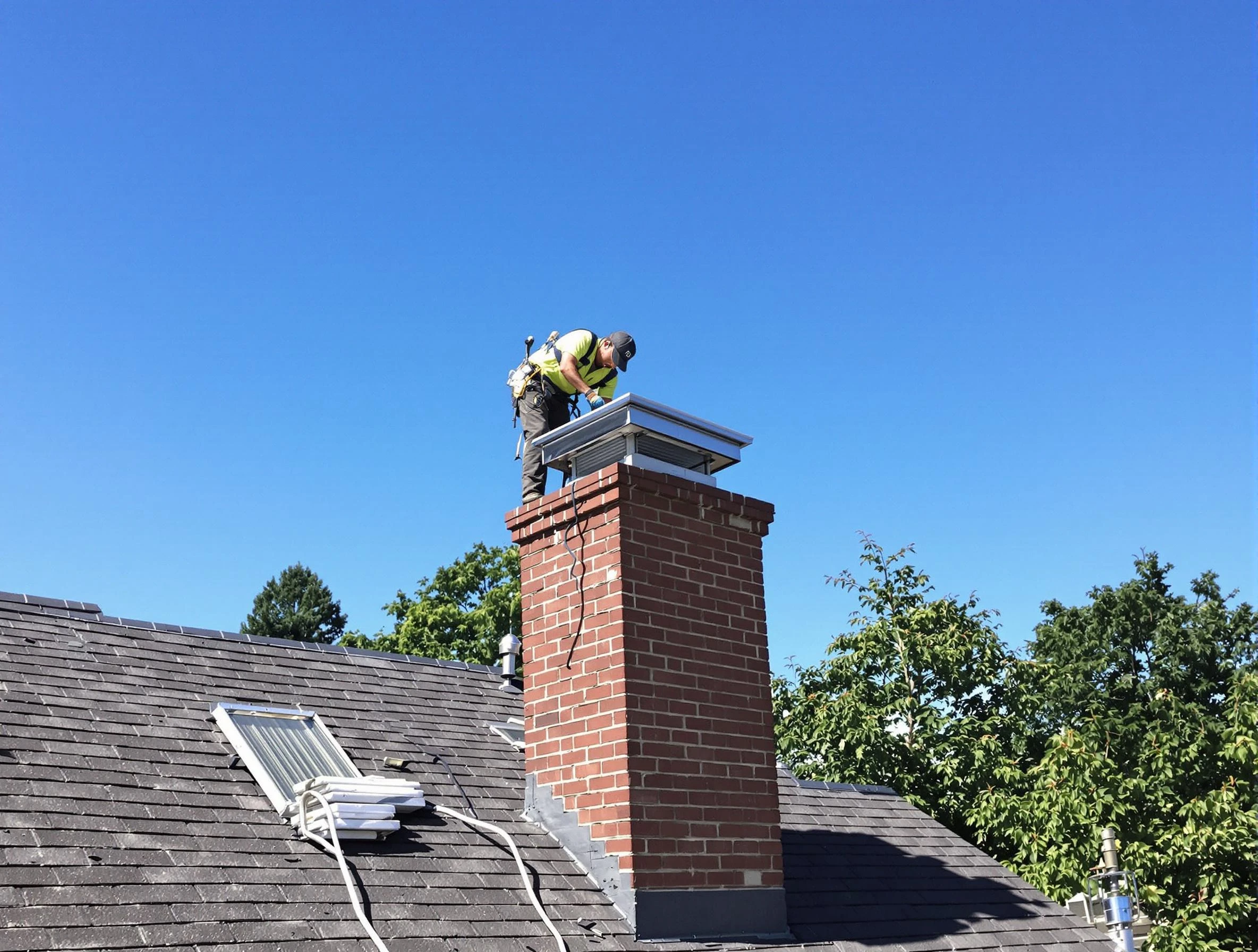 Harrison Chimney Sweep technician measuring a chimney cap in Harrison, PA